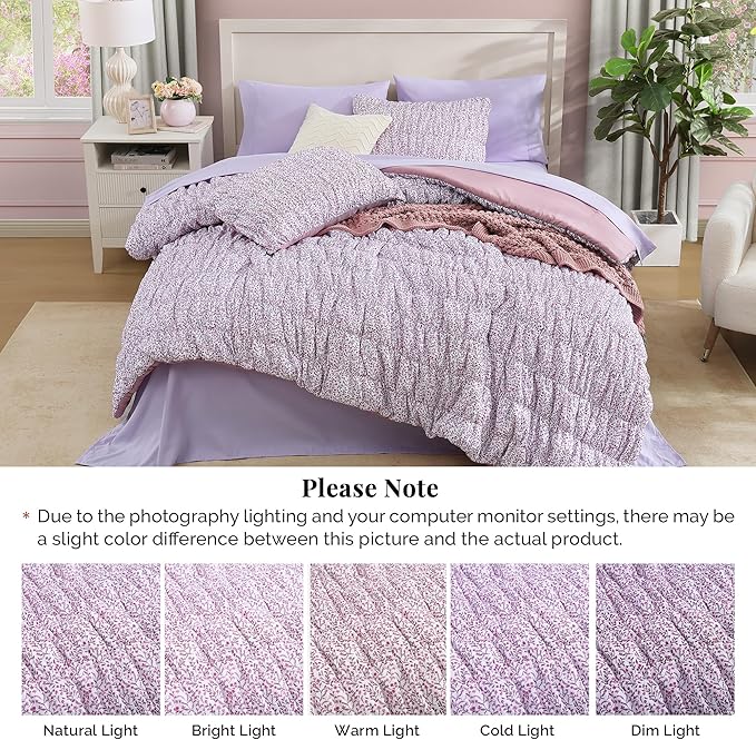 Full Size Comforter Sets - 7 Pieces Puff Light Purple Floral Bedding Set for All Seasons, Shabby Chic Farmhouse Bed in a Bag Full with Floral Comforter, Sheets, Pillowcases & Shams