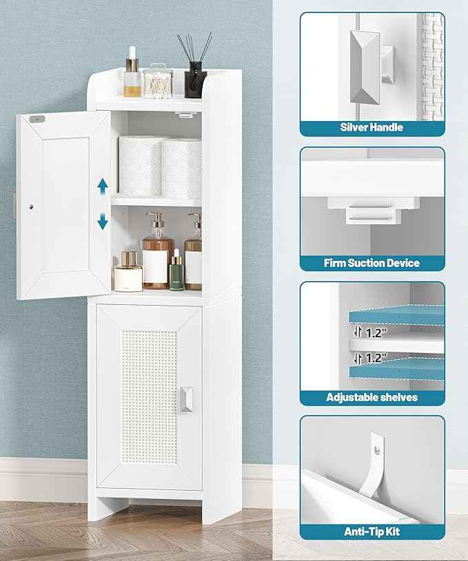 Rattan Small Bathroom Cabinet with 2 Doors, 7.9''D x 7.9''W Narrow Toilet Paper Storage Cabinet, Bathroom Organizer for Small Spaces, Slim Corner Unit with Adjustable Shelf, White Rattan