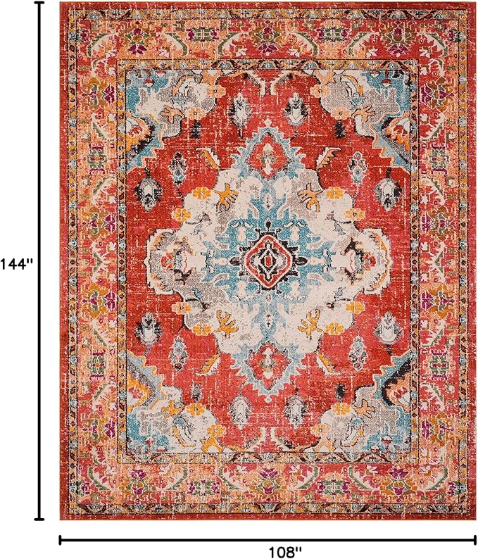 SAFAVIEH Monaco Collection Area Rug - 9' x 12', Orange & Light Blue, Non-Shedding & Easy to Clean, Distressed Medallion Design, Ideal for Living Room, Bedroom, Dining Space (MNC243H)