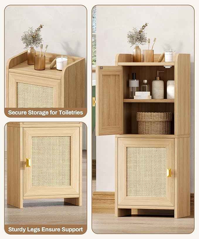 Rattan Small Bathroom Cabinet with 2 Doors, 7.9''D x 11.8''W Narrow Toilet Paper Storage Cabinet, Bathroom Organizer for Small Space, Wooden Slim Corner Unit with Adjustable Shelf, Natural Oak