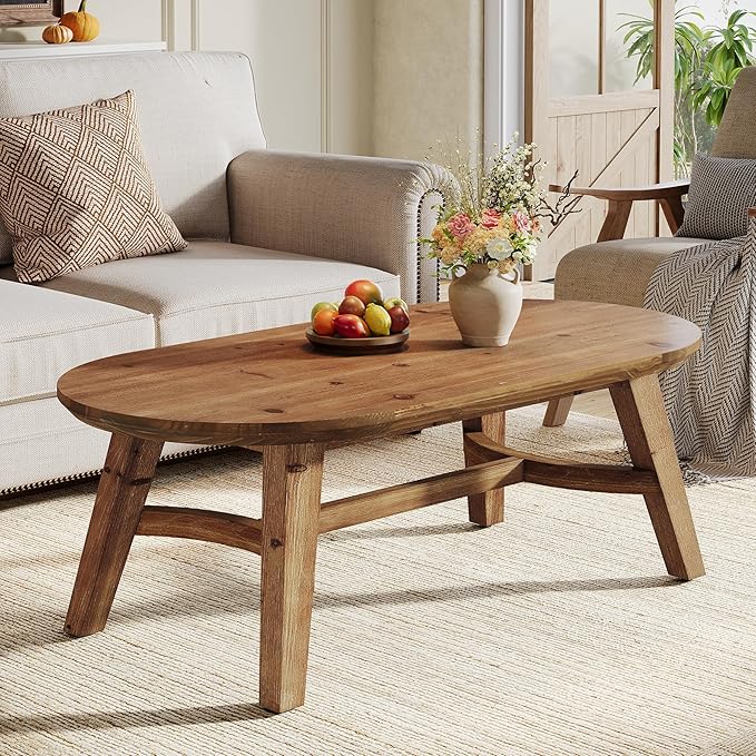 LITTLE TREE Oval Coffee Table, 47" Real Wood Living Room Table, Natural Pine Solid Wood Coffee Table, Modern Center Accent Furniture, Child-Friendly,Rustic Brown