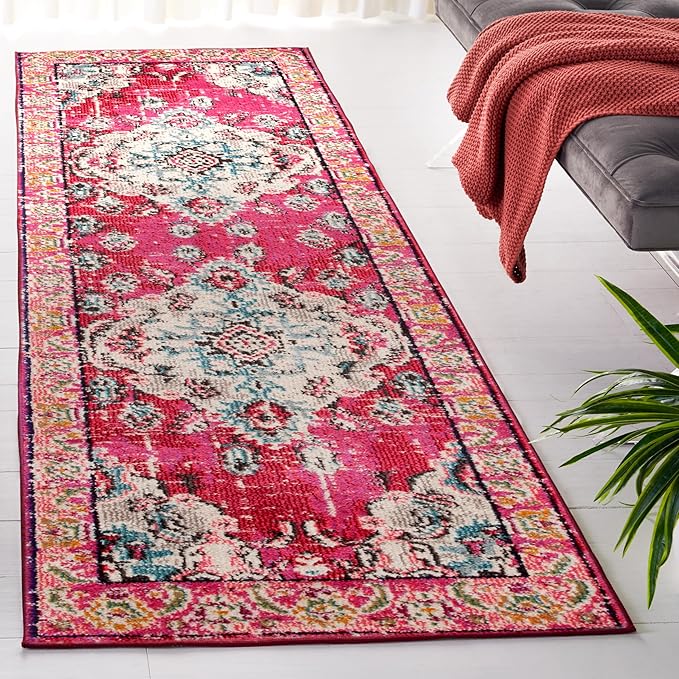 SAFAVIEH Monaco Collection Runner Rug - 2'2" x 12', Pink & Multi, Non-Shedding & Easy to Clean, Distressed Medallion Design, Ideal for Hallway, Foyer, Entryway, Kitchen, Bedroom (MNC243D)