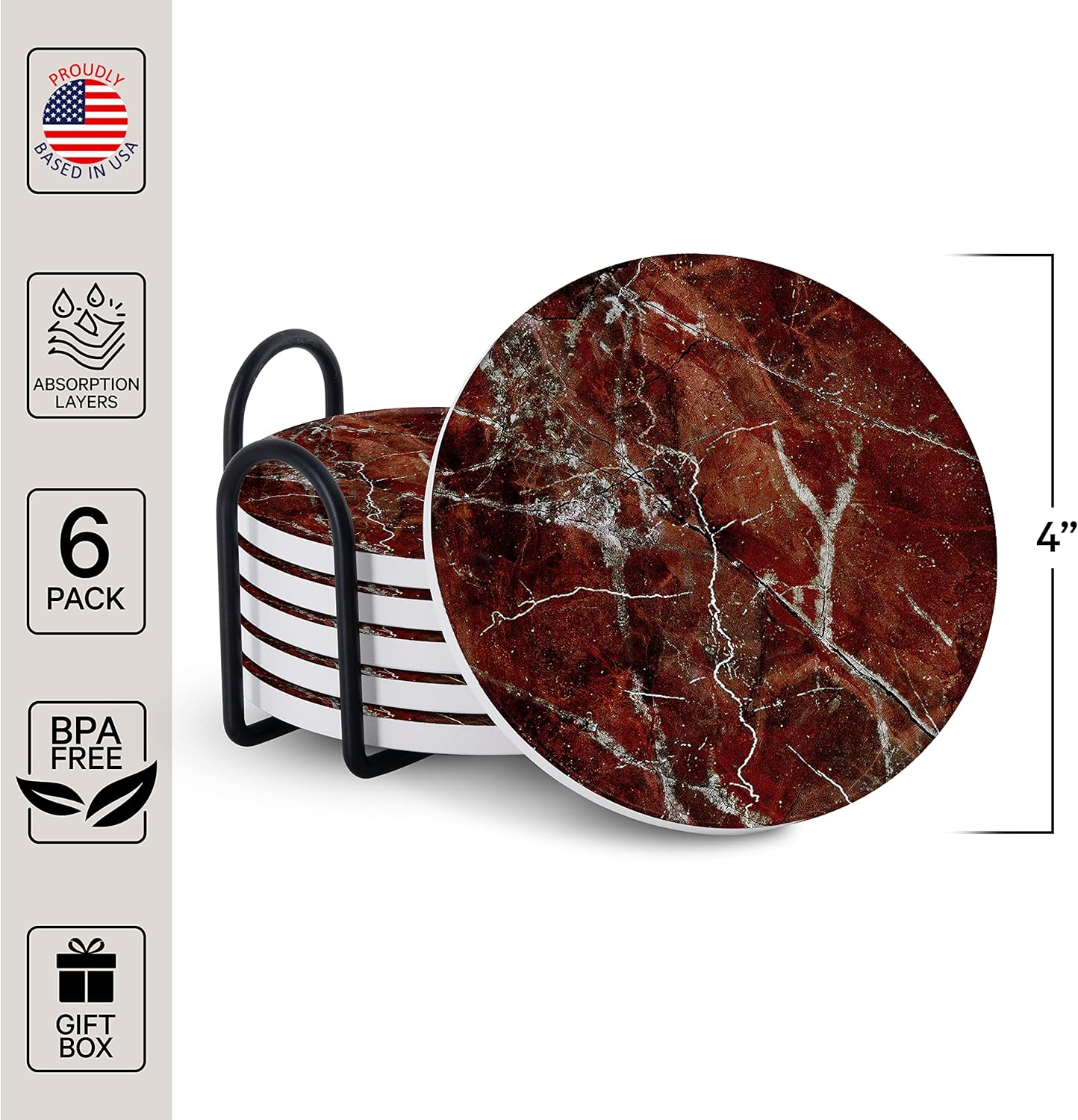 Emerson Coasters for Drinks Absorbent – Natural Stone Drink Coasters Set with Holder, Coasters for Coffee Table, Wooden Tabletop Protection Marble Style – 100% Heavy Duty Set of 6 (Ruby)
