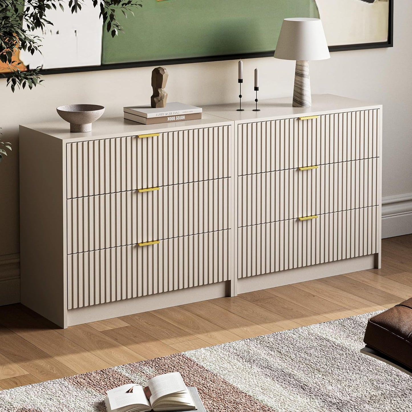 Fluted Dresser for Bedroom, 32 Inch Wide Nightstand with Large Drawer, 3 Drawer End Table for Bedroom, Living Rooms, Offices, and Entryways, Beige