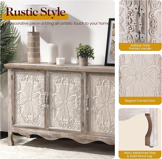 RoyalCraft Farmhouse Sideboard Buffet Cabinet with Storage, 49" Solid Wood Credenza Buffet Table Coffee Bar Wine Bar Storage Cabinet with 3 Doors for Dining Room Living Room Hallway, (Provence Gray)