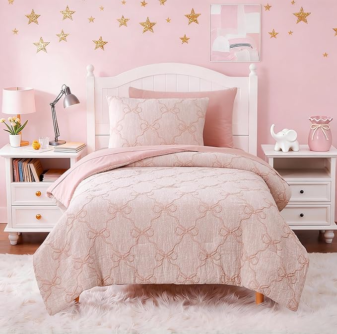 Twin Comforter Set with Sheets for Girls-5 Pieces Twin Bedding Sets with Pink Comforter, Sheets, Pillowcase & Sham for Kids (Pink Diamond, 66" X 86")