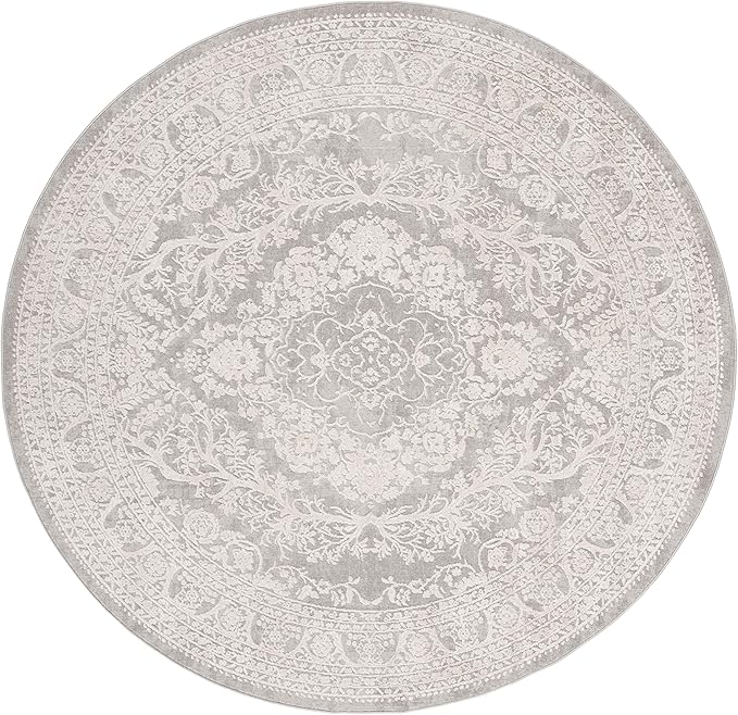 SAFAVIEH Reflection Collection Area Rug - 6'7" Round, Light Grey & Cream, Non-Shedding & Easy Cleaning, Ideal for Living Room, Bedroom (RFT668G)