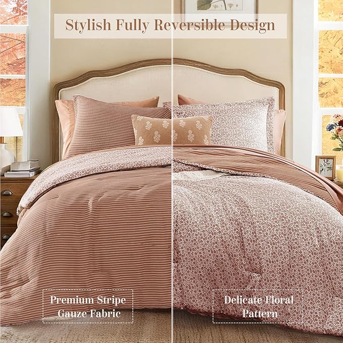 Full Comforter Set - 7 Pieces Autumn Leaf Gauze Muslin Bedding Sets for All Seasons, Lightweight Breathable Bed in a Bag Full with Revesible Farmhouse Comforter, Sheets, Pillowcases & Shams