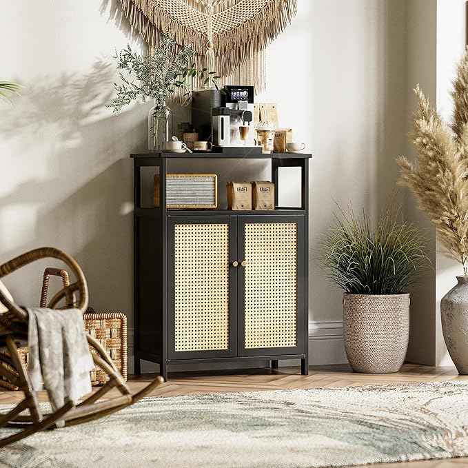 HITNET Bamboo Floor Cabinet, Bathroom Storage Cabinet with 2 Rattan Doors and Shelves, Space Saving Freestanding Kitchen Cupboard, Black