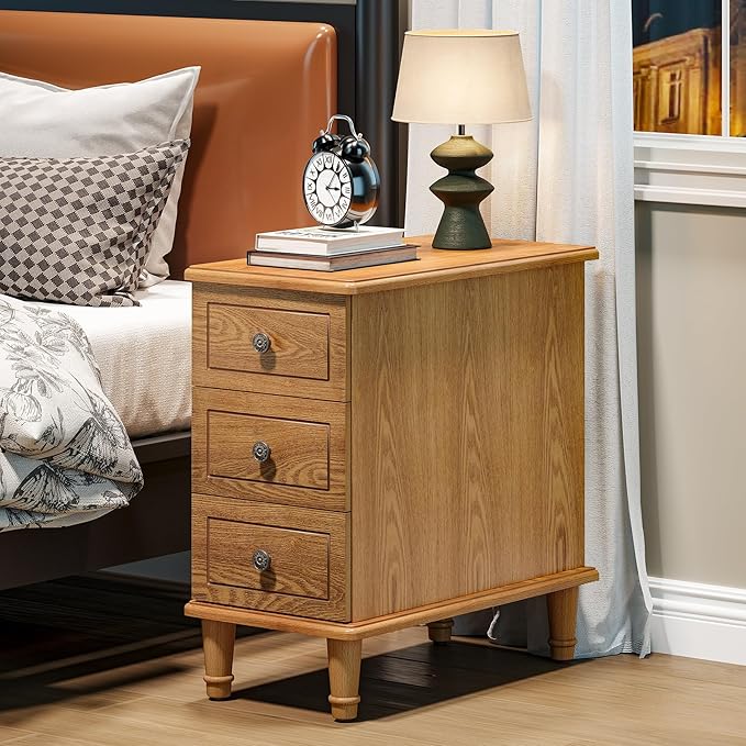 LITTLE TREE Fully Assembled End Table, Set of 2, Narrow Bedside Table with 3 Drawers, Vintage Nightstand for Small Spaces, Living Room, Bedroom, Natural Color