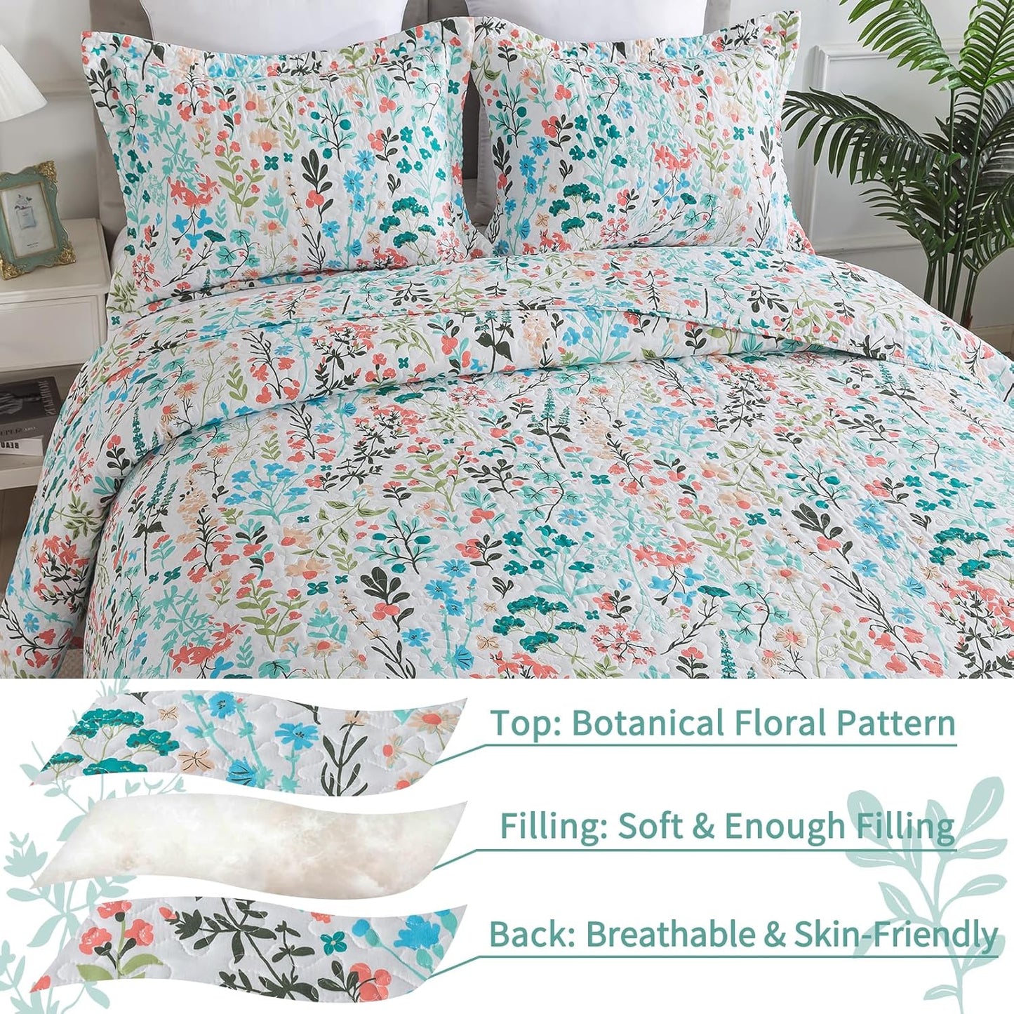 VAPUTAR Queen Quilt Bedding Set-3 Pieces Botanical Quilt Queen Size (90 x 98 inch), Reversible Queen Coverlet with Garden Style Floral Pattern, Bedspread Queen Size Suitalble for All Season.