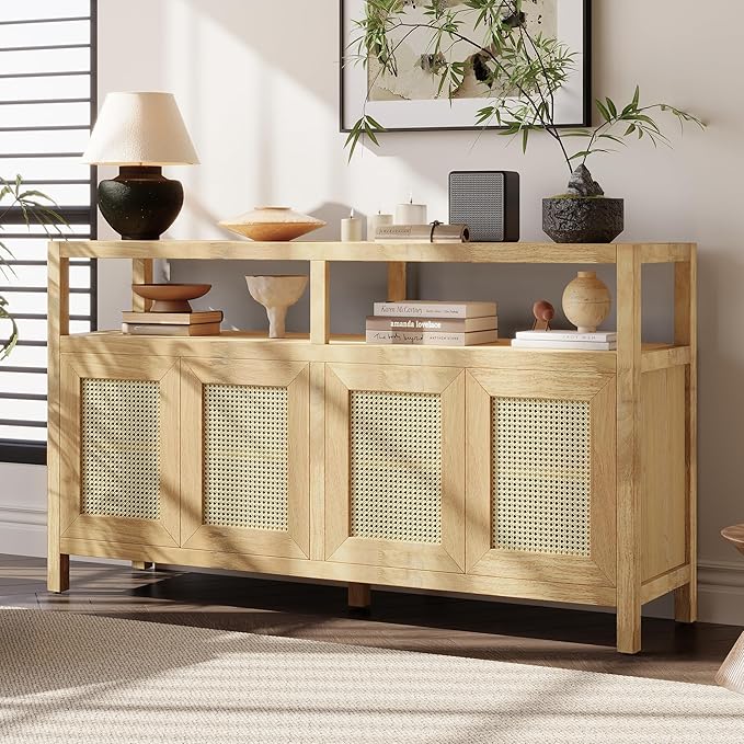 Ball & Cast 60" Rattan Buffet Sideboard Cabinet with Storage, Modern Boho Coffee Bar w/Push-to-Open Doors & Adjustable Shelves, Wood Console Cabinet for Kitchen,Livingroom & Dining Room, Natural