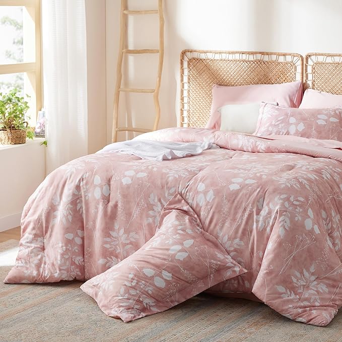 Bedsure Full Size Comforter Set - 7 Pieces Floral Pink Soft Bedding Sets, Full Bed in a Bag with Botanical Flowers Comforter, Sheets, Pillowcases & Shams
