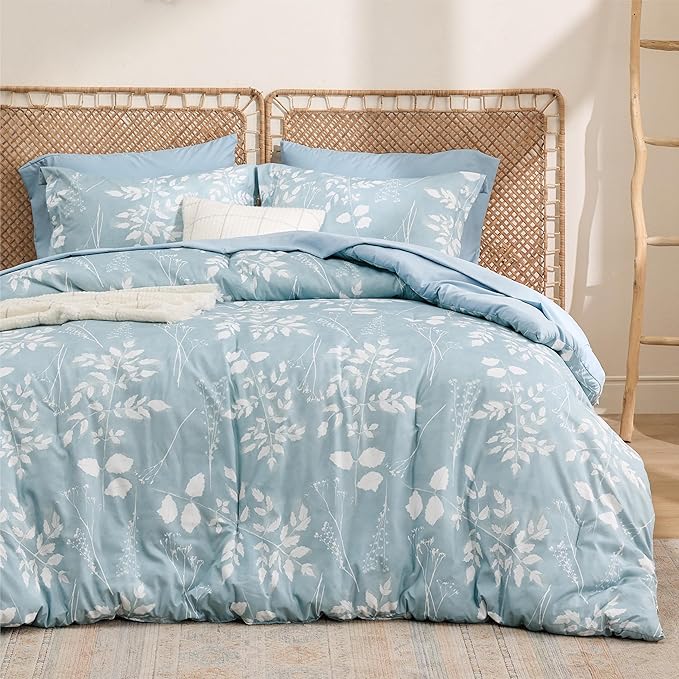 Bedsure Sky Blue Twin Comforter Set - 5 Pieces Floral Bedding Sets, Twin Bed in a Bag with Reversible Botanical Flowers Comforter, Sheets, Pillowcase & Sham