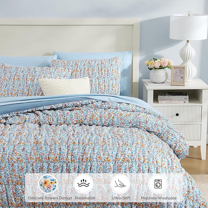 Twin XL Comforter Set - 5 Pieces Puff Blue Marigold Floral Bedding Set for All Seasons, Shabby Chic Farmhouse Bed in a Bag Twin XL with Floral Comforter, Sheets, Pillowcases & Shams