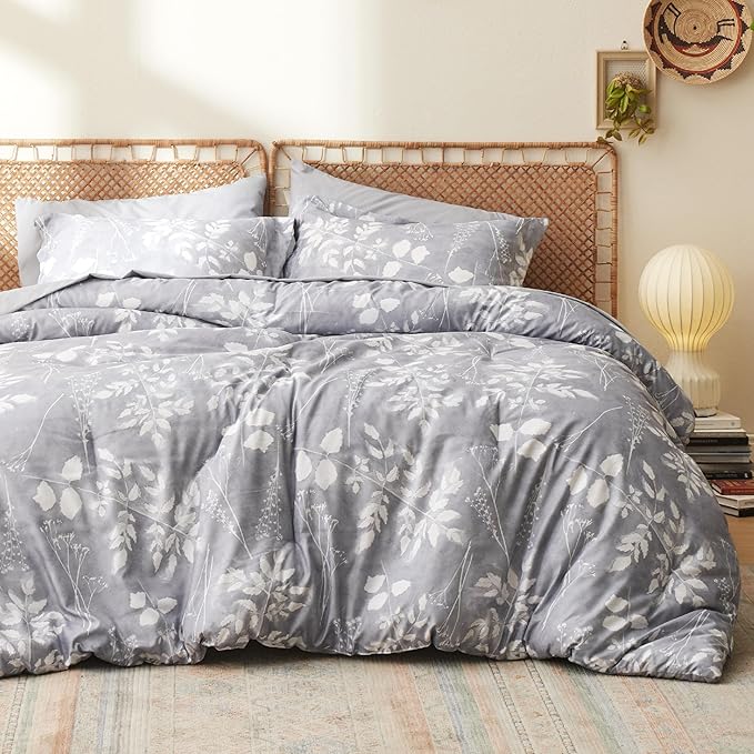 Bedsure Full Size Comforter Set - 7 Pieces Floral Grey Soft Bedding Sets, Full Bed in a Bag with Botanical Flowers Comforter, Sheets, Pillowcases & Shams