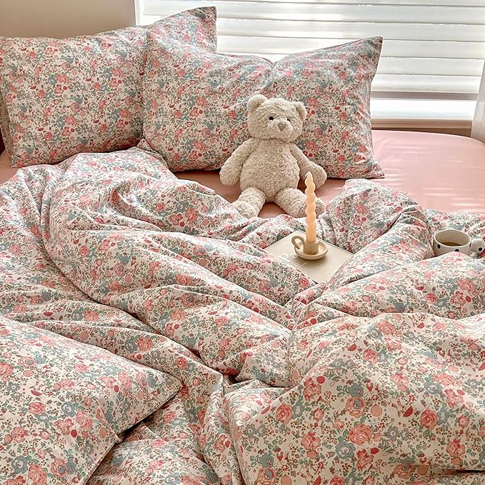 LifeTB Queen Size Comforter Set Boho Pink Floral Bedding Comforter with 2 Pillowcases Vintage Garden Style Boho Comforter for Queen Bed Cute Flower Bedding Fluffy Cottagecore Botanical Comforter Set