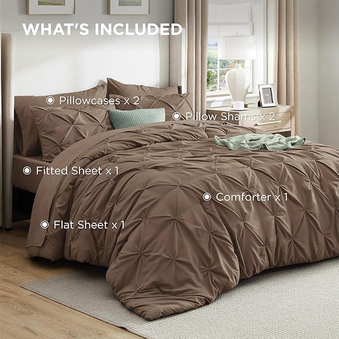 Bedsure Full Comforter Set Brown - Bed in a Bag Full Size Bedding Set 7 Pieces, GentleSoft™ Pintuck Bed Set Gift for Family, Pinch Pleat All Season Comforter with Sheets, Pillowcases & Shams