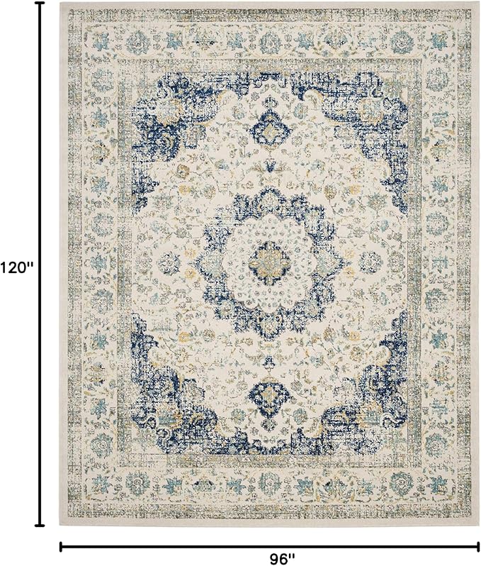 SAFAVIEH Area Rug 8x10 - Evoke Collection - Large - Ivory & Blue, Shabby Chic Oriental Medallion Design, Non-Shedding & Easy to Clean, Ideal for Living Room, Bedroom, Dining Space (EVK220C)