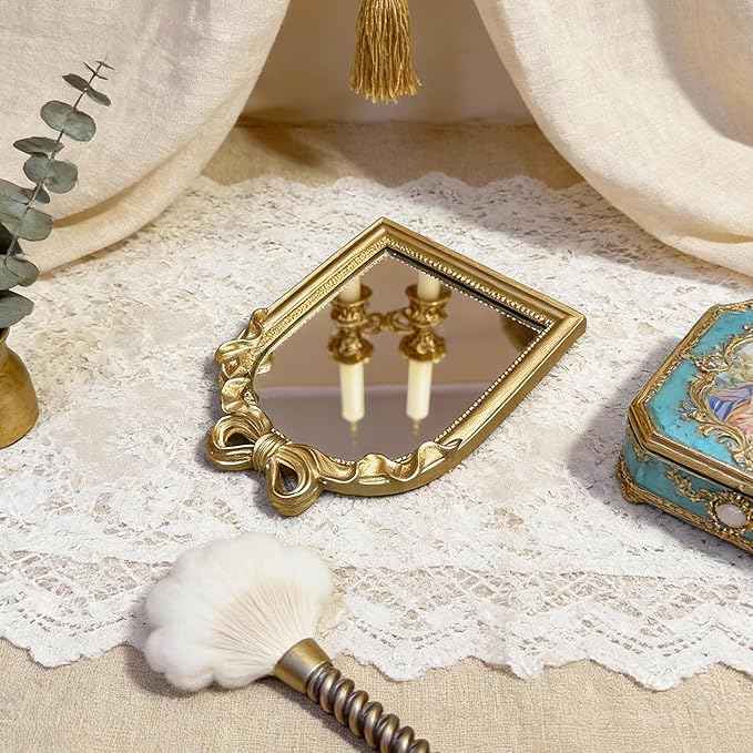 Vintage Carved Resin Desk Mirror - 8x6 Inch Decorative Vanity Mirror for Makeup, Dorm, Bedroom & Tabletop Deco (Bow Gold, 8" L x 6" W)