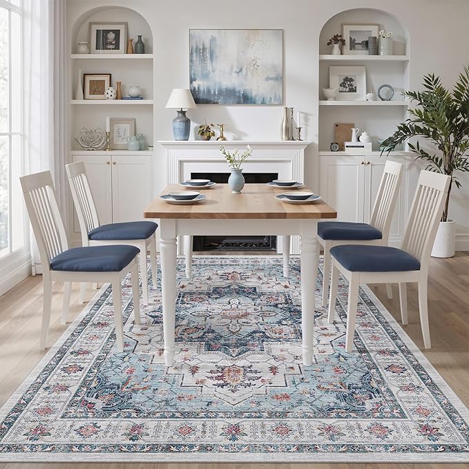 zesthome Washable Rug 5x7 Area Rugs,Stain Resistant Rugs for Living Room,Bedroom,Non-Slip Backing Home Decor Rug, Vintage Medallion Pattern Rugs (Blue,5'x7')