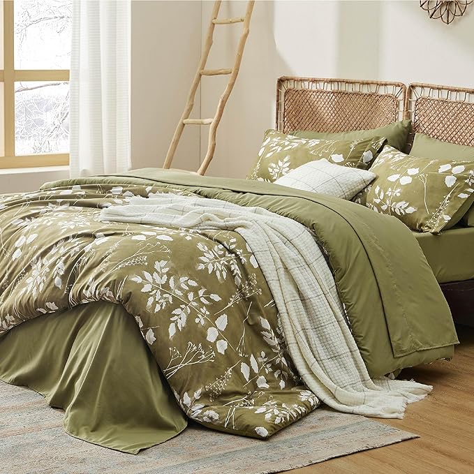 Bedsure Queen Comforter Set - 7 Pieces Floral Olive Green Soft Bedding Sets, Queen Bed in a Bag with Botanical Flowers Comforter, Sheets, Pillowcases & Shams