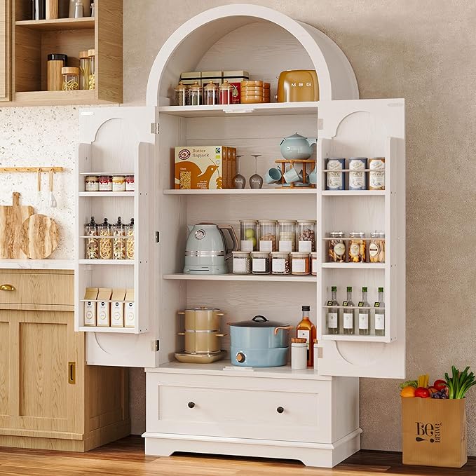 IRONCK 70.9" Tall Arched Kitchen Pantry, Kitchen Cabinet with Large Drawer, Adjustable Shelves, Arched Open Shelving, 2 Doors with Storage Shelves, Modern Versatile Cupboard for Kitchen, Dining Room