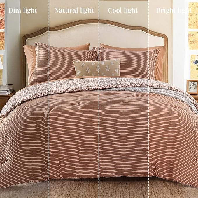 Queen Comforter Set - 7 Pieces Autumn Leaf Gauze Muslin Bedding Sets for All Seasons, Lightweight Breathable Bed in a Bag Queen with Revesible Farmhouse Comforter, Sheets, Pillowcases & Shams