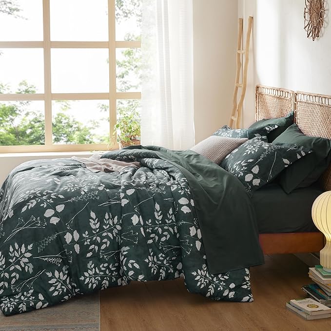 Bedsure Queen Comforter Set - 7 Pieces Floral Forest Green Soft Bedding Sets, Queen Bed in a Bag with Botanical Flowers Comforter, Sheets, Pillowcases & Shams