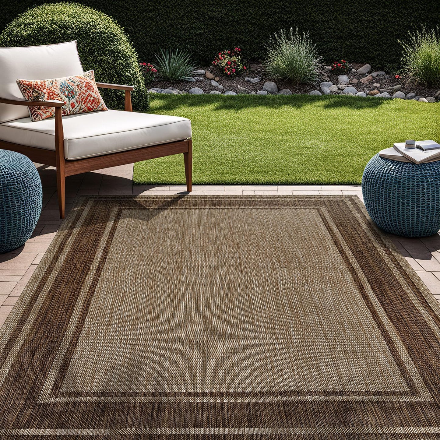 Beverly Rug Large Outdoor Rug 9x12 Modern Bordered Area Rugs for Indoor and Outdoor Patio Deck Porch Garden Waterproof Weather Sun Resistant Washable Outside Carpet (9 x 12 Jute)