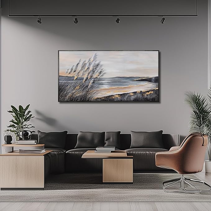 Yuaxker Ocean Wall Art Grey and Black Wall Decor Framed art Aesthetic Coastal Canvas Painting for Living Room Bedroom Dining Room Office Home Decor 24x48 Inch