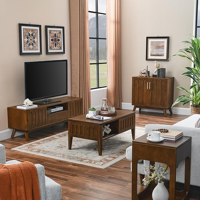 Ball & Cast 32" Mid Century Modern Sideboard Cabinet with Storage, Fluted Buffet Credenza Cabinet with Solid Wood Legs & Adjustable Shelf for Living Room, Entryway, Kitchen Coffee Bar, Walnut
