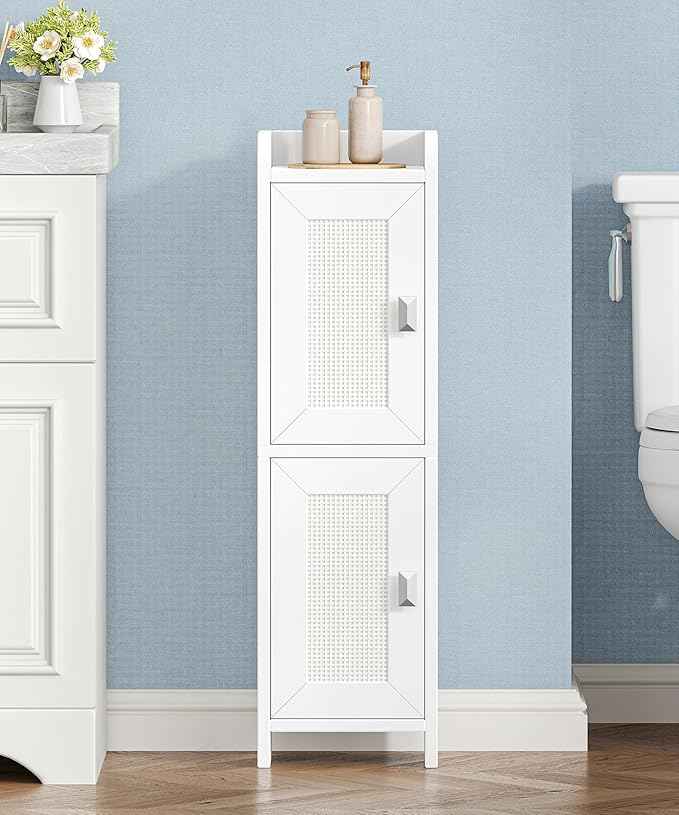 Rattan Small Bathroom Cabinet with 2 Doors, 7.9''D x 7.9''W Narrow Toilet Paper Storage Cabinet, Bathroom Organizer for Small Spaces, Slim Corner Unit with Adjustable Shelf, White Rattan