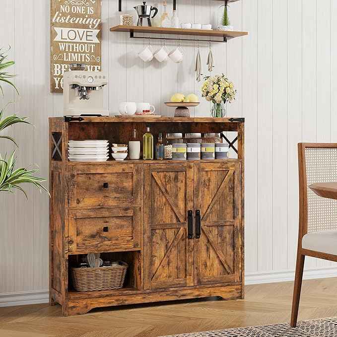 Vabches Farmhouse Buffet Sideboard Cabinet with Drawers and Open Shelf, 38.5" Storage Cabinet with Adjustable Shelves and Door, Modern Coffee Bar Hutch Pantry for Kitchen, Living Room, Entryway, Brown