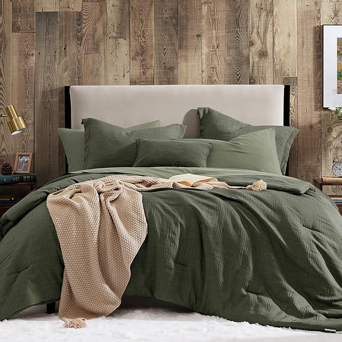 Geniospin California King Comforter Set - 7 Pieces Comforter King Size, Soft Solid Bedding Set for All Season, Textured Bed in a Bag with Sheets, Pillowcases & Shams (Dark Green,104''x96'')