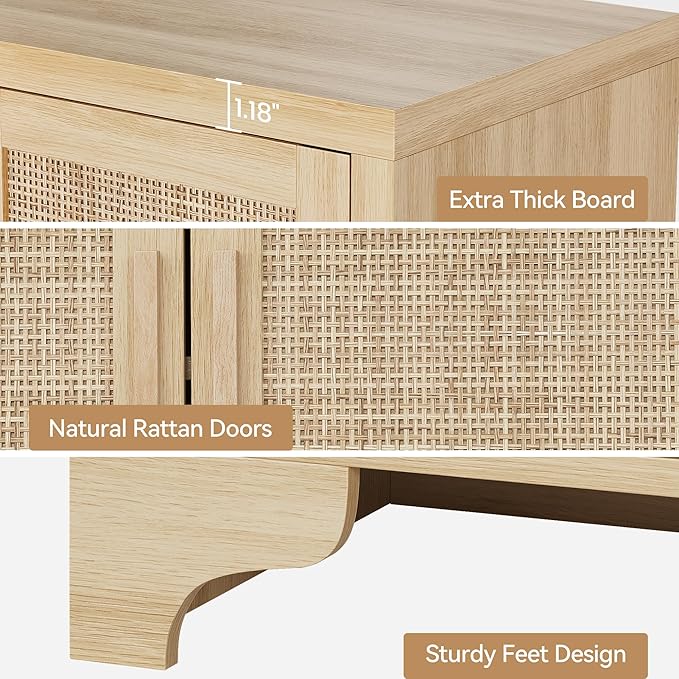 Garvee Natural Rattan Storage Cabinet with Shelves, 4-Door Sideboard Buffet Cabinet, Boho TV Stand Console Table for Living Room, Entryway, Dinning Room