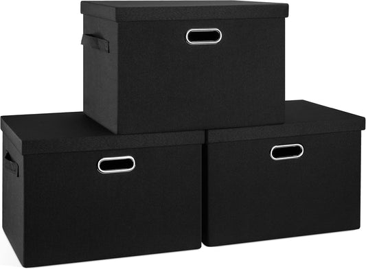 Large 17" 36 Quart Collapsible Stackable Storage Bins with Lids, 3 Packs Black Linen Fabric Closet Boxes with Lids, Storage Cube Baskets Container Organizers for Bedroom Office(17 x12 x11)