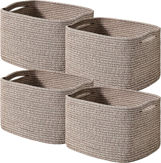 Storage Baskets for Shelves Organizing, Woven Cotton Rope Baskets for Storage, Book Basket, Decorative Shelf Basket, 12.5"Lx9.1''Wx7.9''H (4 Packs) Dark Brown