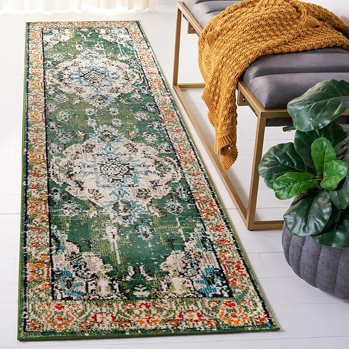 SAFAVIEH Monaco Collection Runner Rug - 2'2" x 20', Forest Green & Light Blue, Non-Shedding & Easy to Clean, Distressed Medallion Design, Ideal for Hallway, Foyer, Entryway, Kitchen, Bedroom (MNC243F)