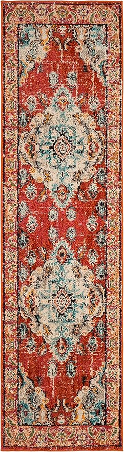 SAFAVIEH Monaco Collection Runner Rug - 2'2" x 14', Orange & Light Blue, Non-Shedding & Easy to Clean, Distressed Medallion Design, Ideal for Hallway, Foyer, Entryway, Kitchen, Bedroom (MNC243H)