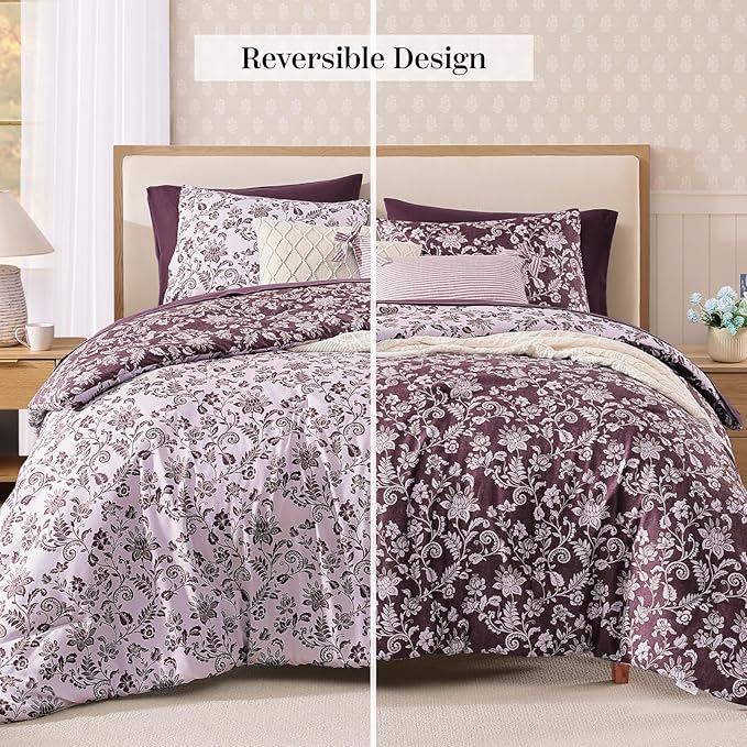 King Comforter Set -7 Pieces Floral Dark Purple Comforter Set for All Seasons, Bed in a Bag King with Botanical Flowers Comforter, Sheets, Pillowcases & Shams
