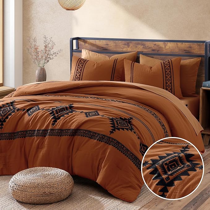 MaiRêve Super King Comforter Set Burnt Orange, Embroidery Western Boho Bedding Set 7 Pieces, All Season Farmhouse Bed in A Bag Comforter Set with Sheets, Pillowcases & Shams