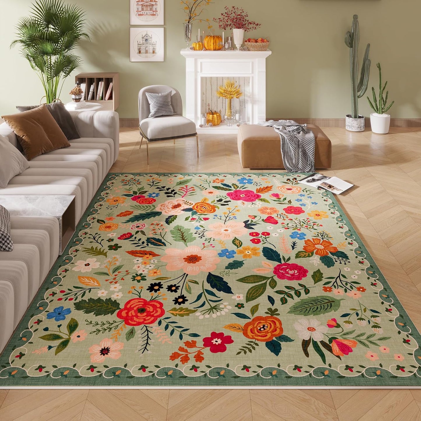 Living Room Rug 5x7 Rug Machine Washable Boho Area Rug Non Slip Floral Vintage Low Pile Large Rugs for Living Room, Bedroom, Farmhouse, Dining Room, Kids Playroom(Green)