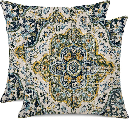 Outdoor Waterproof Pillow Covers - 18 x 18 Inch Set of 2 Bohemian Vintage Carpet Pattern Pillow Covers in Green and Blue Ethnic Design for Decorative Farmhouse, Couch, Garden, Balcony