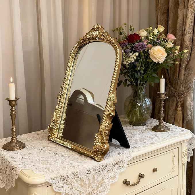 Baroque Gold Vintage Vanity Mirror 13x10 Inch, Wall-Mounted & Tabletop Dual-Use, Ornate Gold Accent Retro Decorative Mirror for Bedroom Dresser, Bathroom, Living Room and Dorm