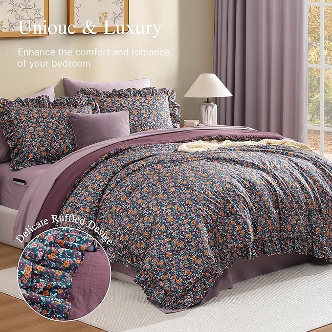 Queen Comforter Set - 7 Pieces Ruffle Purple Ditzy Bedding Sets, Shabby Chic Farmhouse Bed in a Bag with Ruffle Comforter, Sheets, Pillowcases & Shams