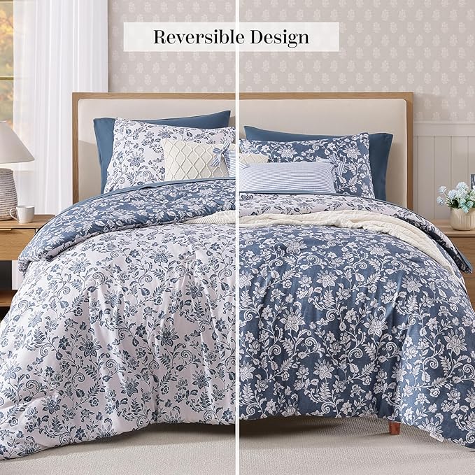Twin XL Comforter Set -5 Pieces Floral Oxford Blue Bedding Set for All Seasons, Bed in a Bag with Botanical Flowers Comforter, Sheets, Pillowcase & Sham
