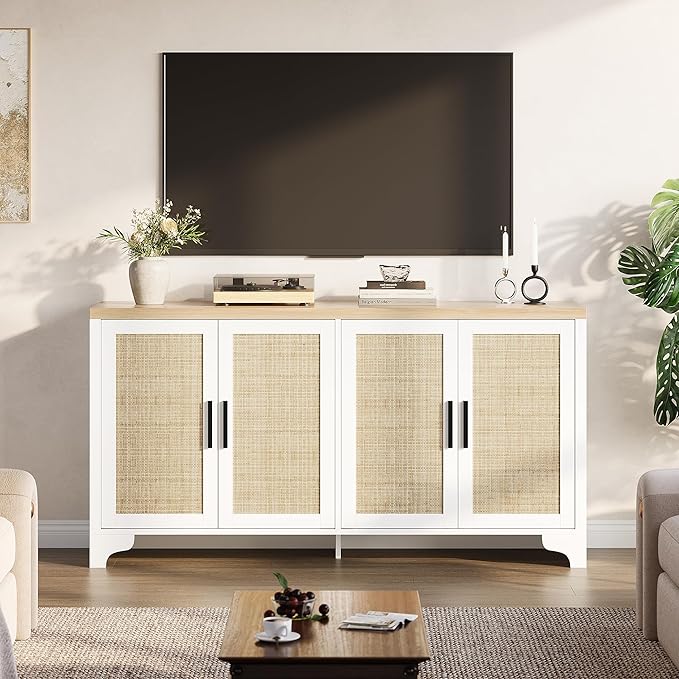 Garvee Natural Rattan Storage Cabinet with Shelves, 4-Door Sideboard Buffet Cabinet, Boho TV Stand Console Table for Living Room, Entryway, Dinning Room