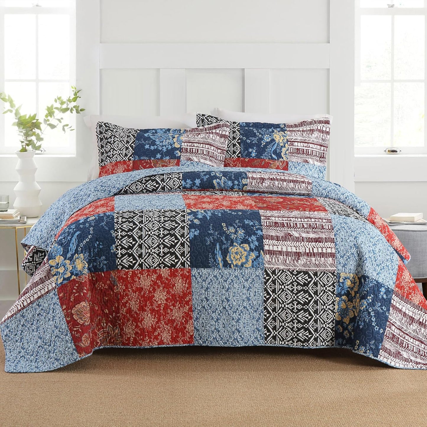 Secgo King Comforter Set for Bed - 100% Cotton Quilts Queen Size, Black Bedspreads (98 * 106 Inch) with 2 Pillow Shams, Patchwork Reversible Lightweight Bedding