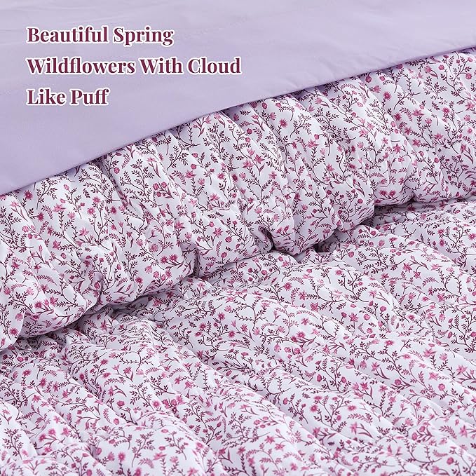 Queen Comforter Set - 7 Pieces Light Purple Puff Floral Bedding Sets for All Seasons, Shabby Chic Farmhouse Bed in a Bag Queen with Wildflowers Fluffy Comforter, Sheets, Pillowcases & Shams
